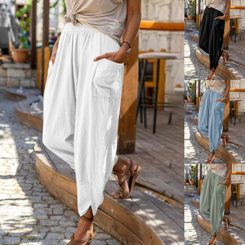Women Casual Elastic Waist Linen Harem Pants Trousers Baggy New Fashion Yoga Beach Spring Long Pants 2023 New Style For Summer