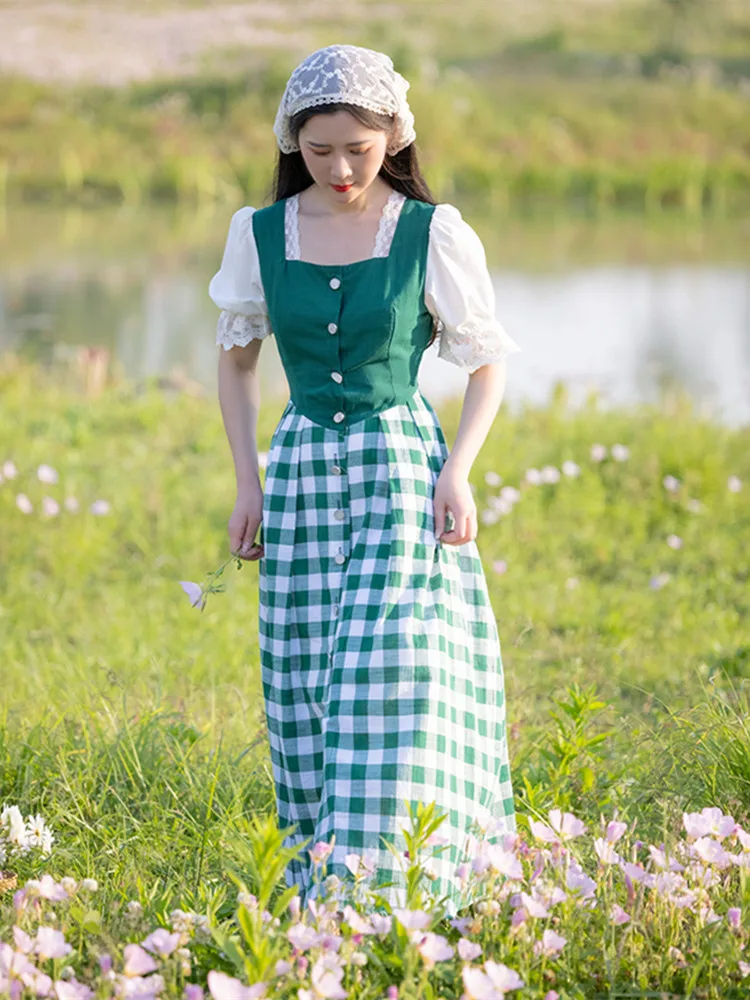 

Женское винтажное платье AIGYPTOS, элегантное зеленое клетчатое платье макси в пасторальном стиле, однобортное льняное платье из хлопка с пышн...