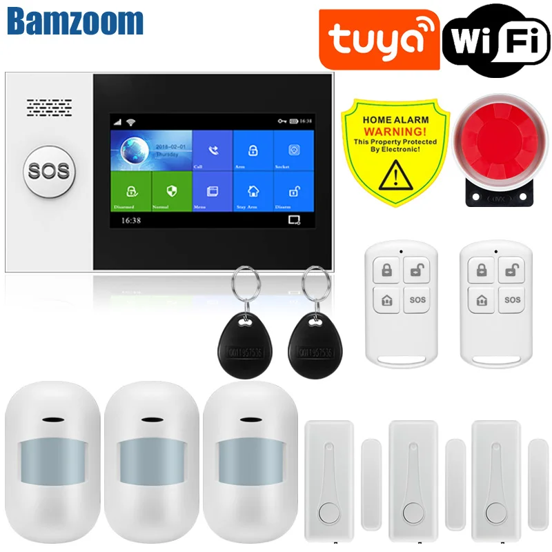 Wifi GSM Alarm System tuya Home Burglar Alarm Wireless & Wired Detector RFID TFT Touch Keyboard 11 Languages Compatible Alexa