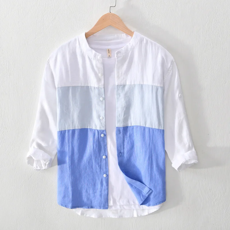 

2023 Men's New Linen Stitching Casual Shirt Stand Collar Loose All-Match 7-Point Sleeve Shirt