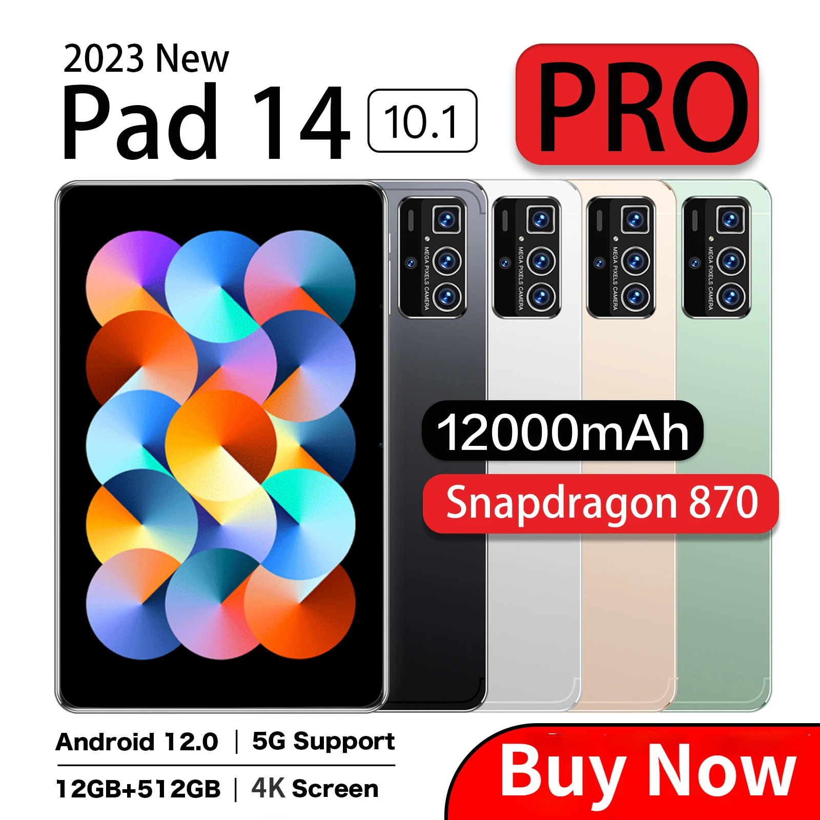 

2023 Original 5G Tablet 12 Pad Pro Android 12 10 Core 512GB ROM 10.1" FHD Display Dual SIM Card Slot 12000mAh Large Battery