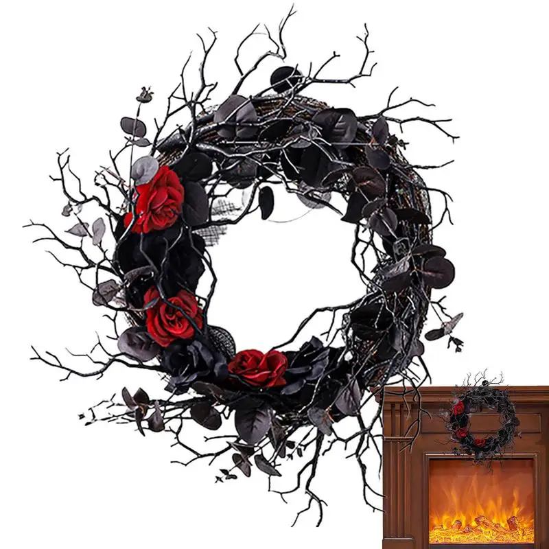 

Halloween Wreath Spooky Black Wreath Eucalyptus Twig Red Rose Door Garland For Front Door Wall Creepy Halloween Decoration
