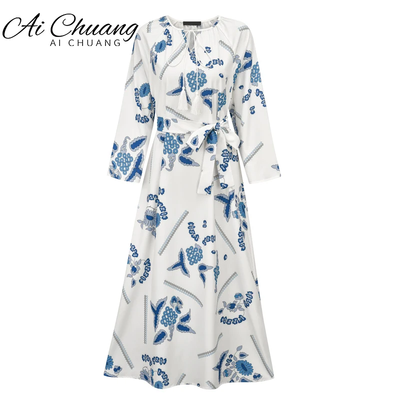 

2022 Spring Summer Cotton Dress Fashion Bohemian Bow Decoration Long Skirt Party Casual Puff Sleeve Straight Skirt Ladies