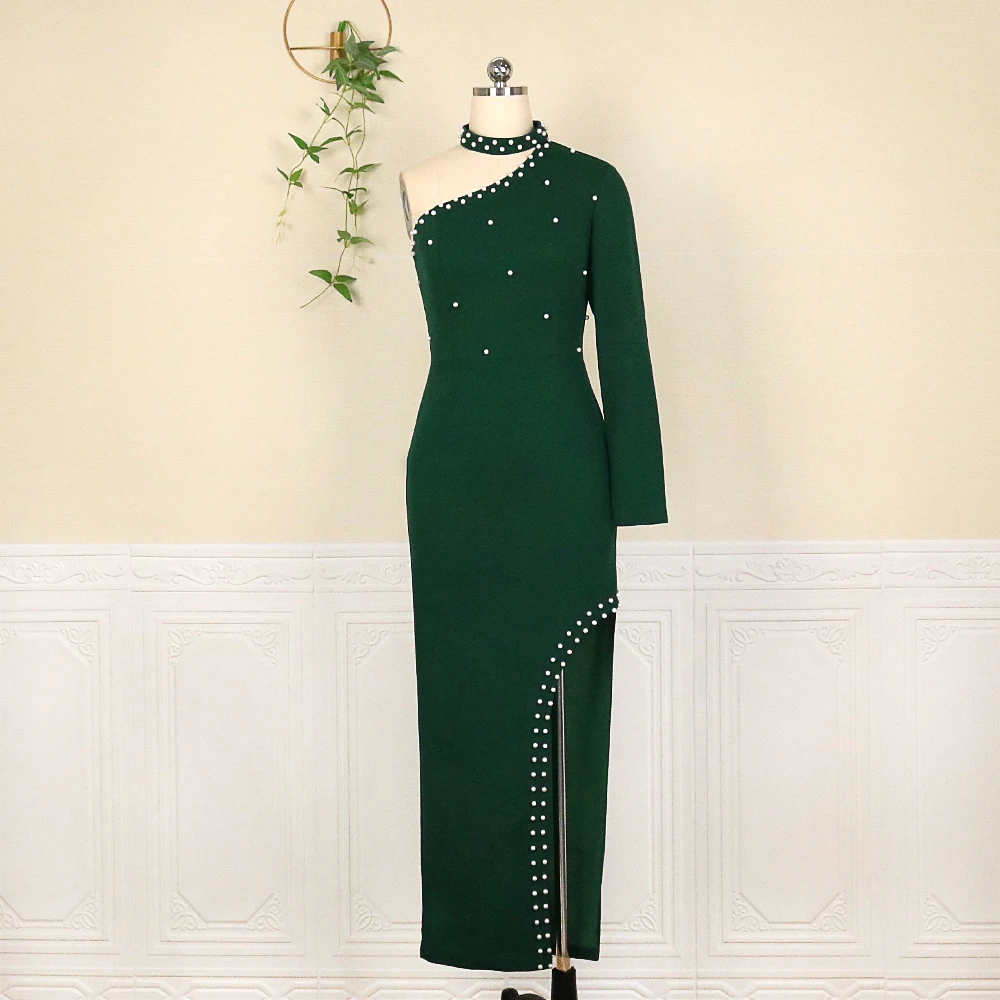 Plus Size Dress Elegant Long Women Sexy One Shoulder Irregular Sleeve Green Beading Bodycon Slit Evening Party Event Outfits