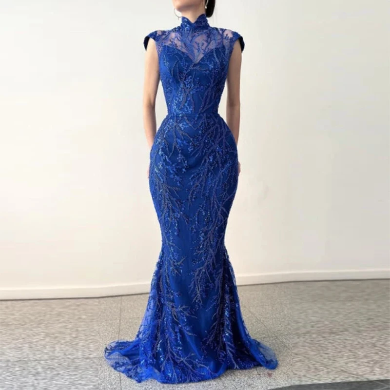 

Женское вечернее платье без рукавов, Голубое Прозрачное платье с высоким воротом в стиле звезд, для выпускного вечера, 2024
