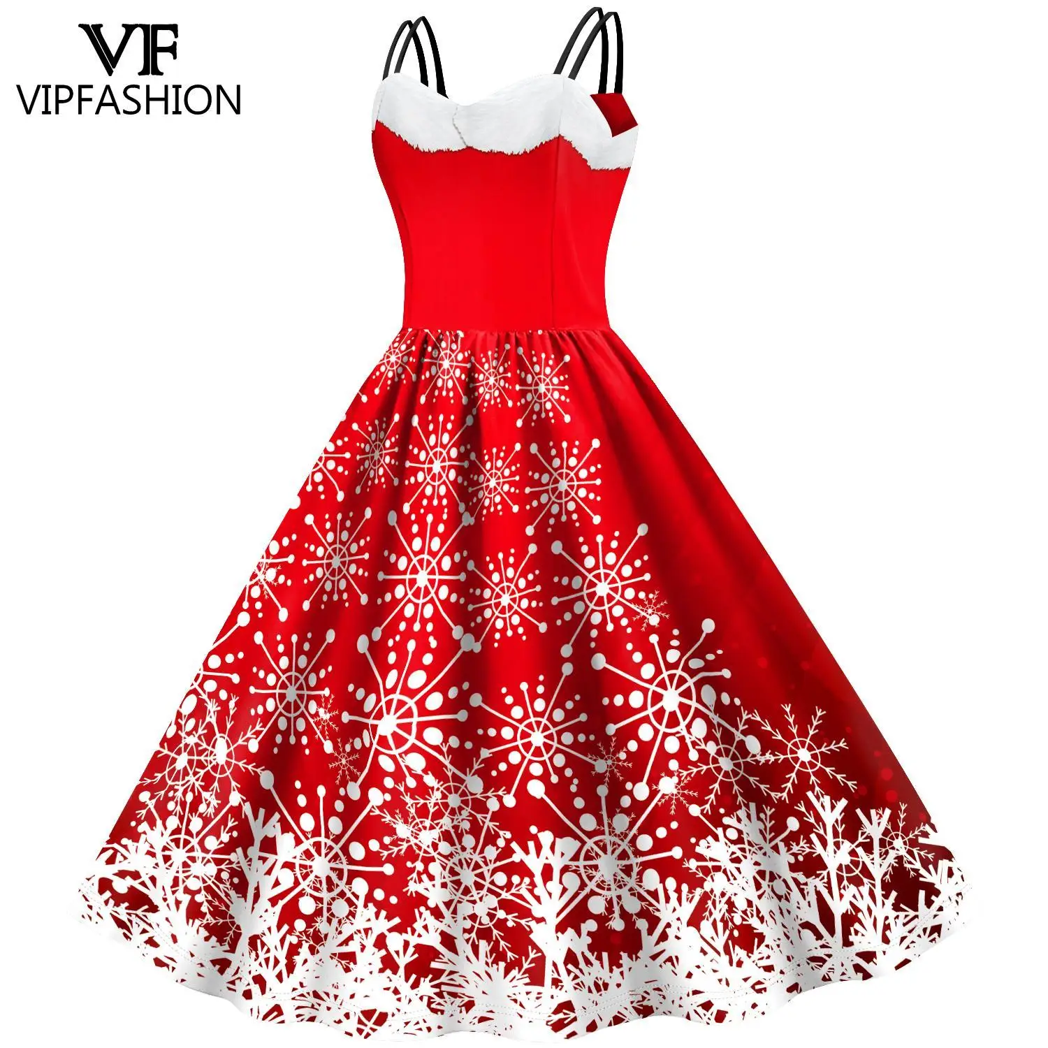 VIP FASHION Woman Snowflake Christmas Dress Sweetheart Neck Sphagetti Strp New Year Up Fancy Costume Xmas Clothes