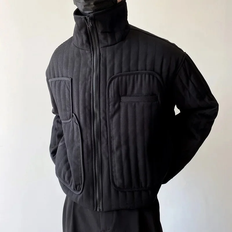

2023 зимнее уникальное пальто на молнии с воротником-стойкой в Корейском стиле, куртки для повседневного свободного кроя, короткое теплое пальто, мужская модель