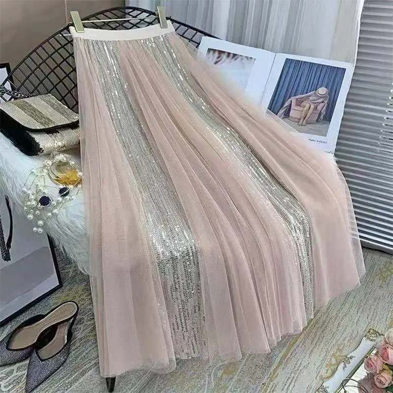 design gauze skirt with new sequin elastic high waist, thin  A-line long skirt  A-LINE  Casual  Mid-Calf  empire  skirt