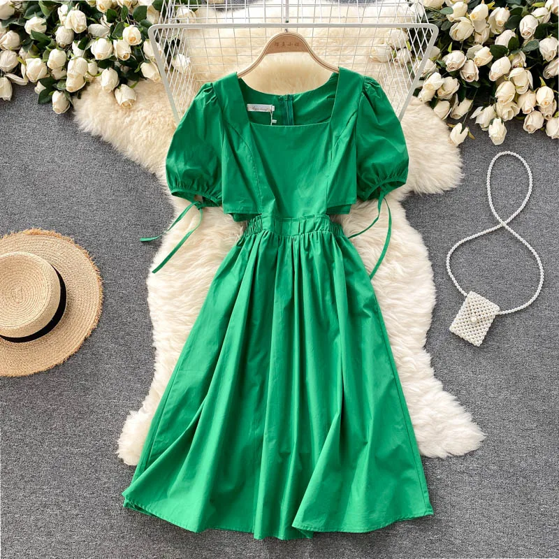 

Корейские платья для женщин, Новинка лета 2022, дизайнерское женское платье с разрезом, облегающее платье средней длины с рукавами-фонариками