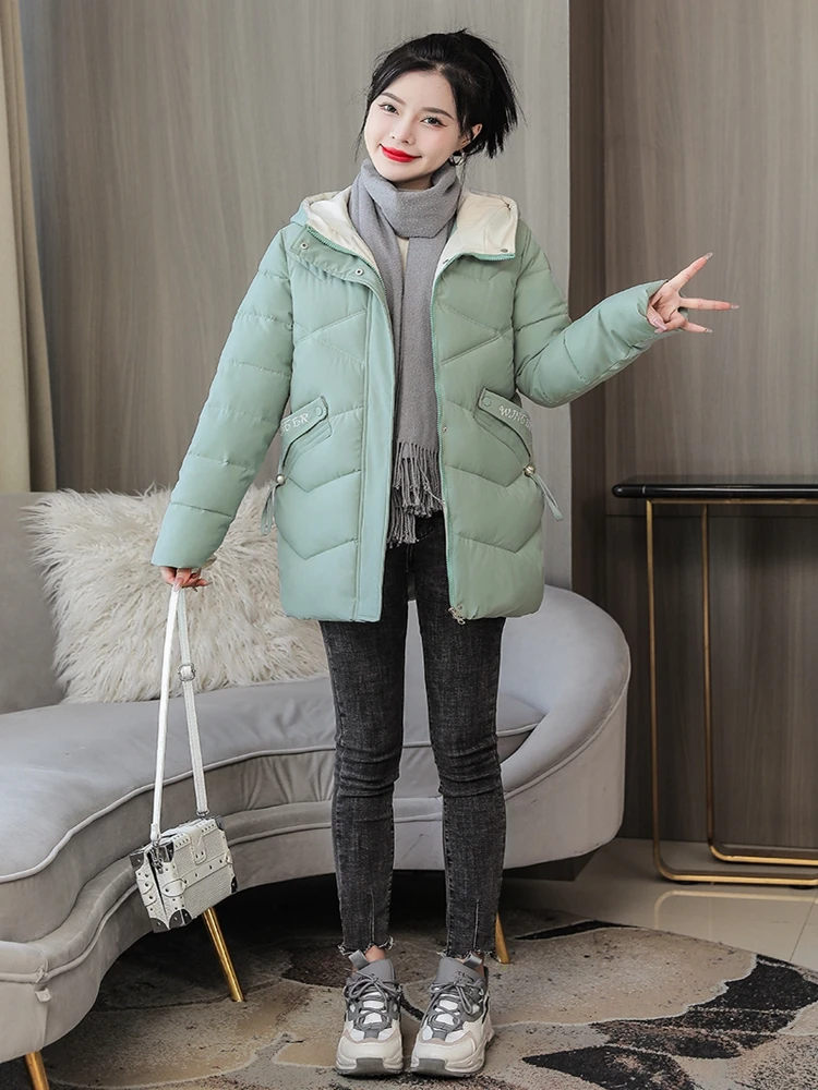 2022 Women Winter Thick Hooded Down Jacket Cotton Warm Padded Parka For Woman Mid Length Cotton Coat