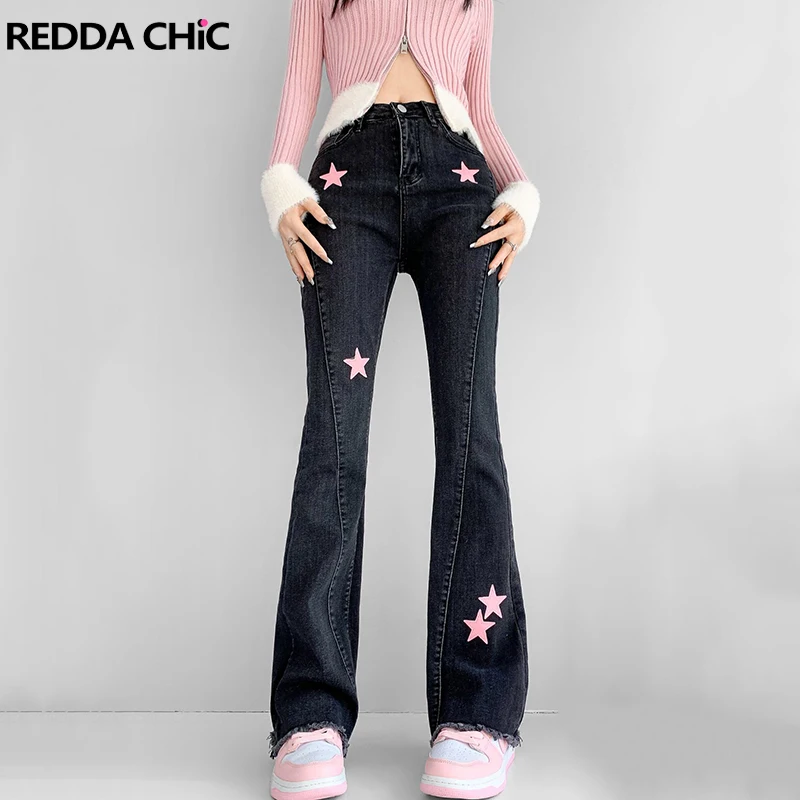 REDDACHiC Goth Pink Star Flared Jeans Acubi Fashion Pants Grunge Y2k Stretchy Ladies Trousers Grayu Fashion Harajuku Streetwear