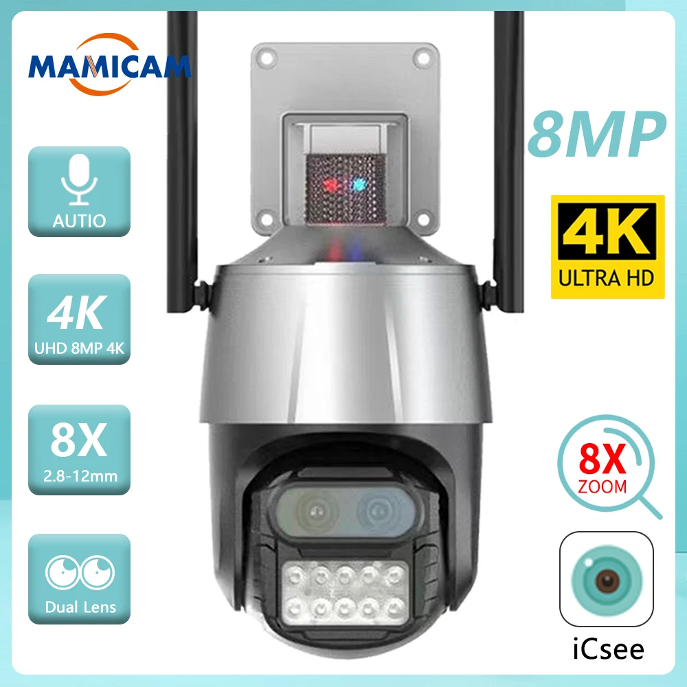 

8MP 4K WiFi Security CCTV Camera PTZ Outdoor Dual-Lens Video Surveillance 2.8mm-12mm 8X Digital Zoom Night Vision Icsee