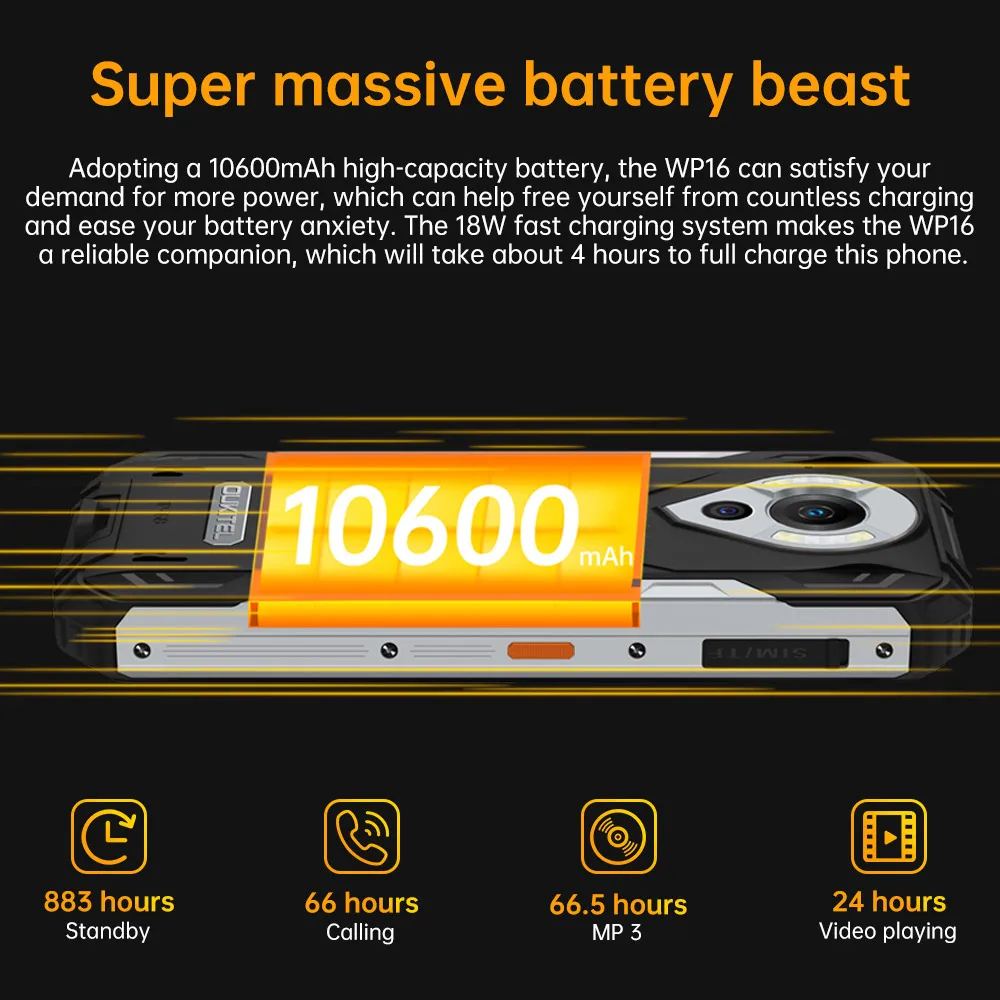 Oukitel WP16 Rugged Smartphone 6.4 Inch Android 11 Cellphone 8GB 128GB Helio P60 Mobile Phone 20MP Night Version Camera 10600mAh