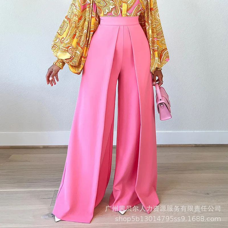 

Women Summer Spring Loose Full Length Solid Color High Waist Wide Leg Pants Fashion Casual Trousers Pants