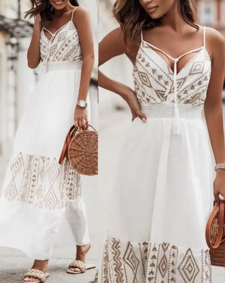 

Summer Dresses for Women 2022 Boho Fashion Tribal Print Spaghetti Strap V-Neck Sleeveless Casual Maxi Tied Detail Vacation Dress