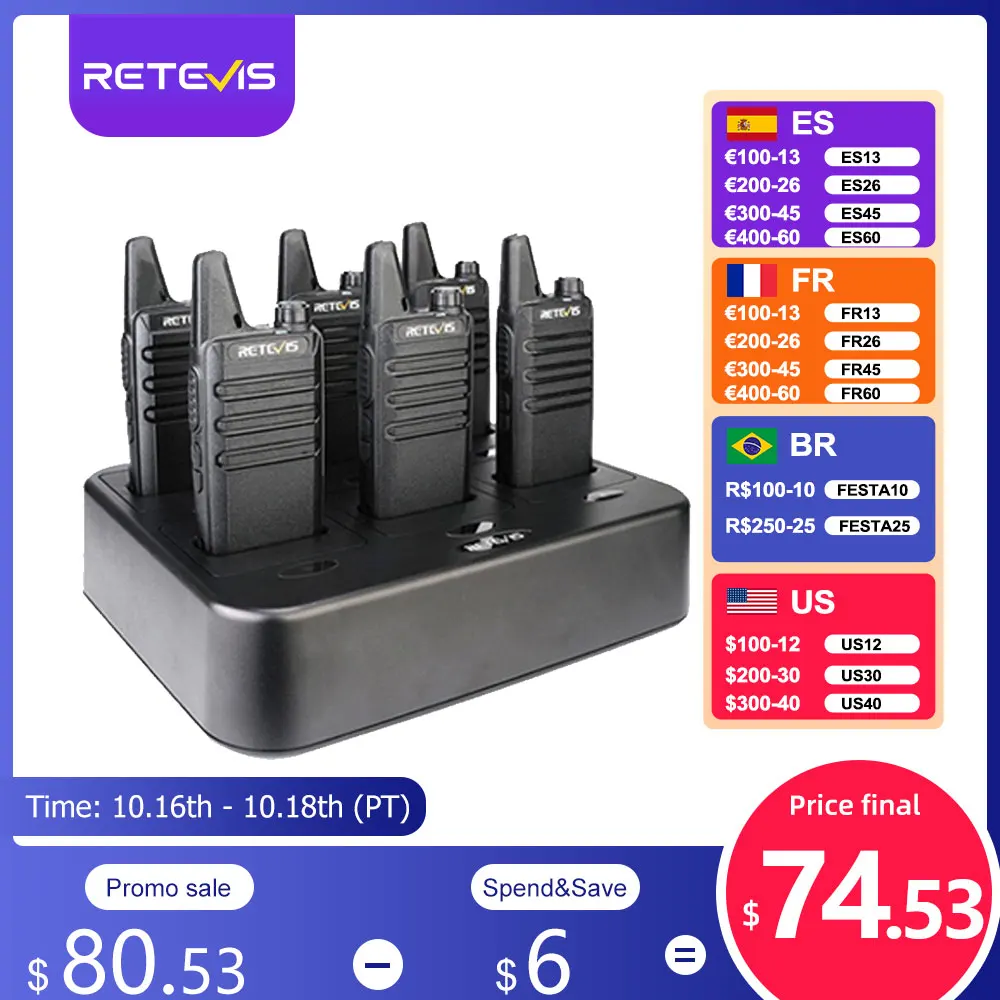 Retevis Walkie Talkies 6 pcs Walkie Talkie Professional Mini PMR PMR446 FRS for Hotel Restaurant with 6 Way Multi Gang Charger