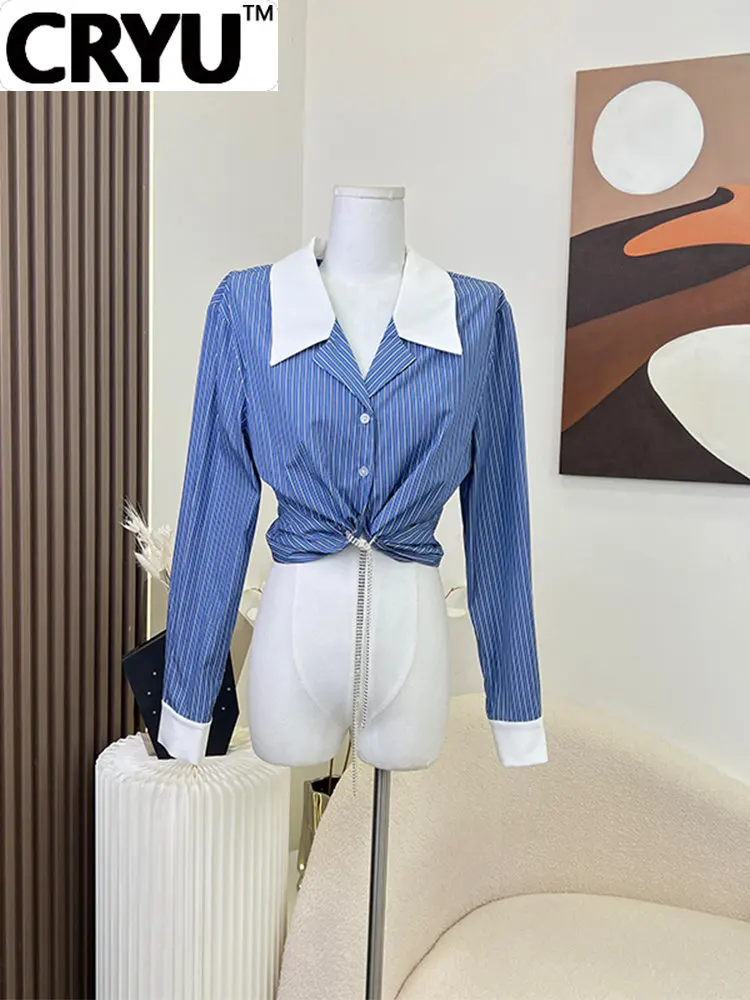 Classic Retro Blue Color Striped Design Women Crop Shirt French Style Patchwork Pleated Female Lapel Blouses 2023 Luxury Tie Up