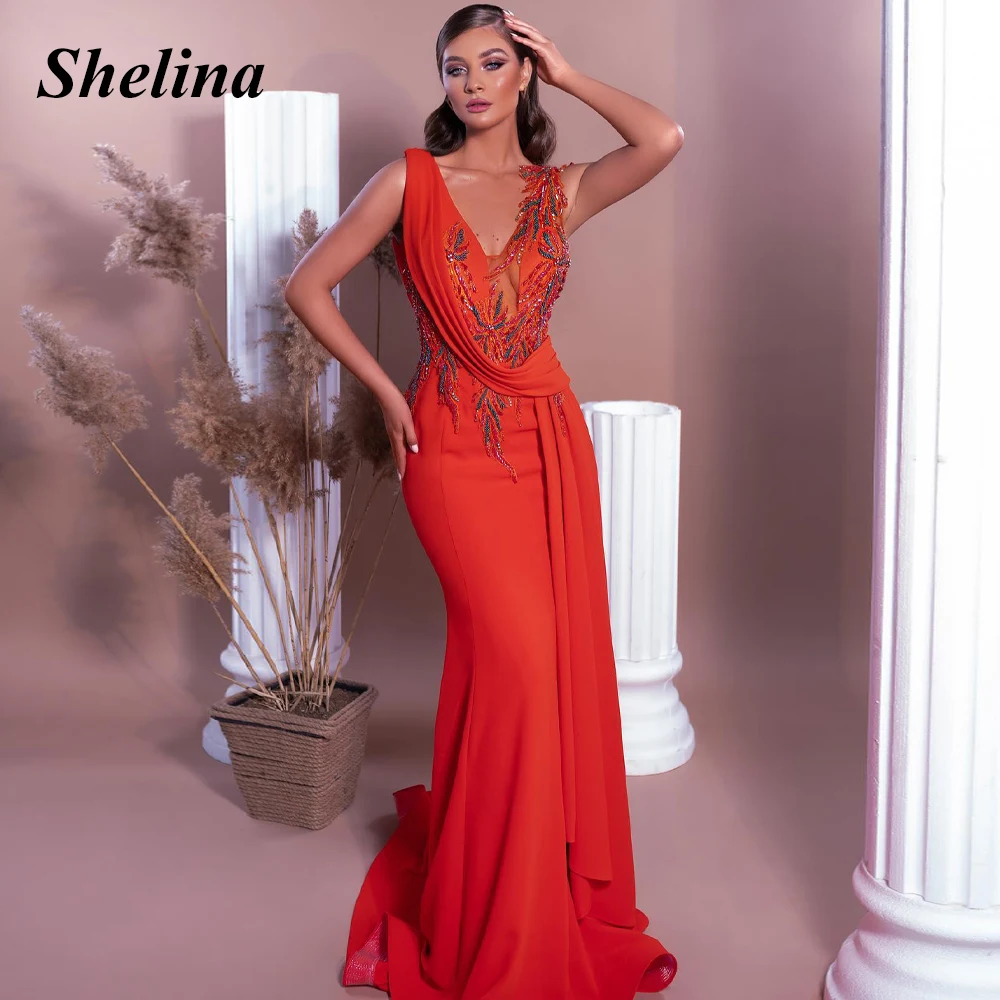 

Shelina Fancy V-neck Prom Dress Chiffon Trumpet Pleat Lace Appliques Crystal Beads Sleeveless Vestido De Noche Personalised