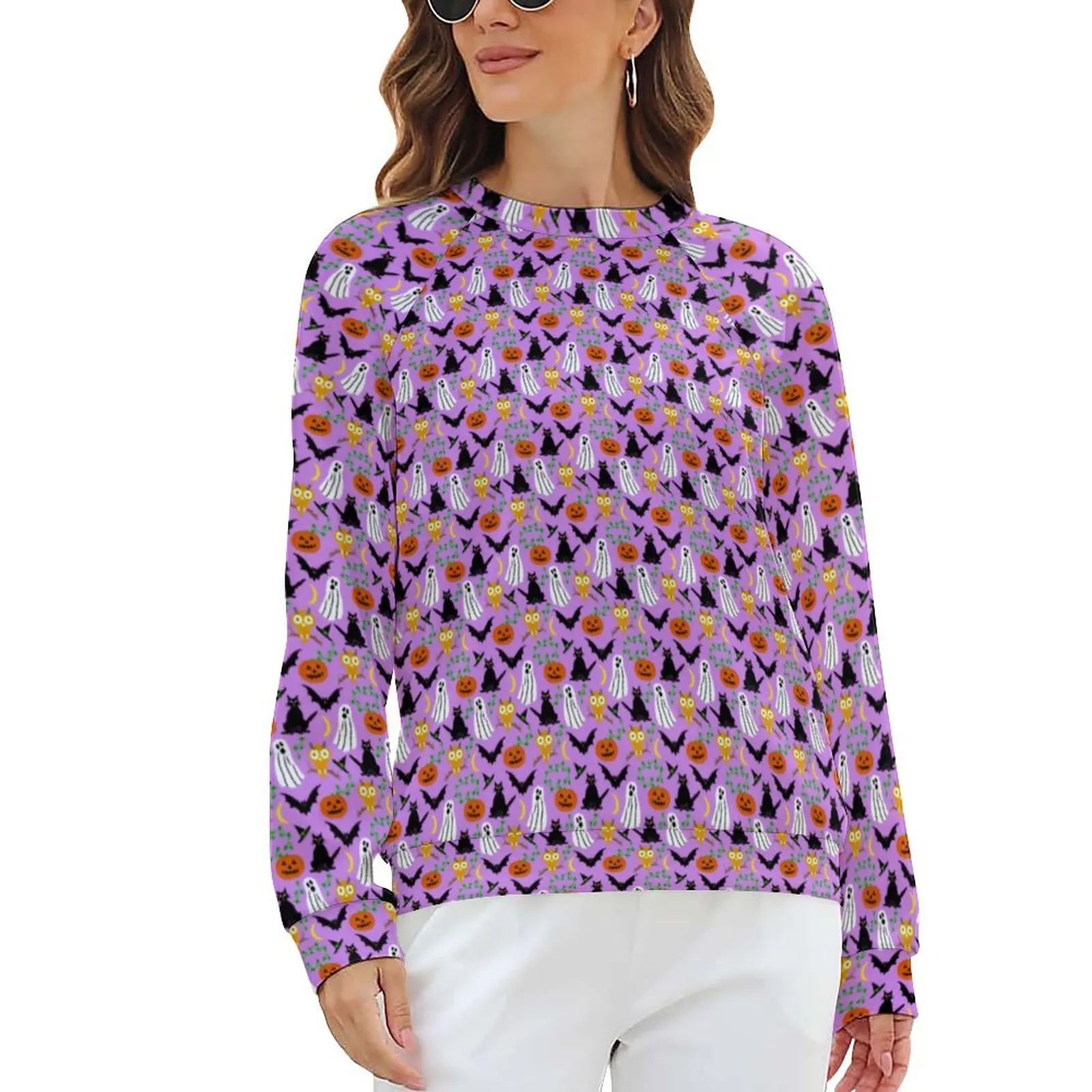 

Толстовка Женская зимняя с длинным рукавом, повседневный свитшот в стиле оверсайз, с рисунком черной кошки, призраков, летучих мышей, зима