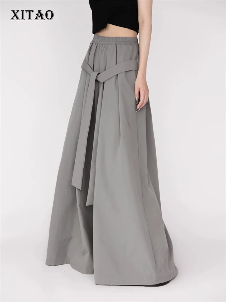 

XITAO Solid Color Bandage Folds Loose Pants Elastic Waist Floor Length 2023 Summer Casual Fashion Show Thin All Match DMJ1838