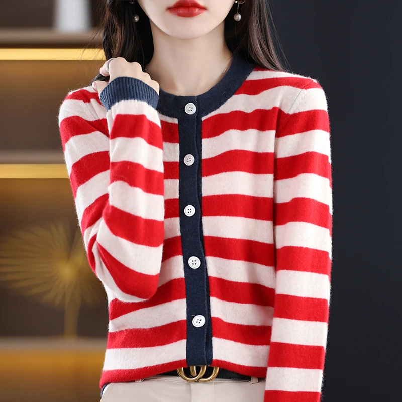 

100% pure wool spring and autumn new women's O-neck cardigan casual knit stripe top loose versatile sweater casual coat