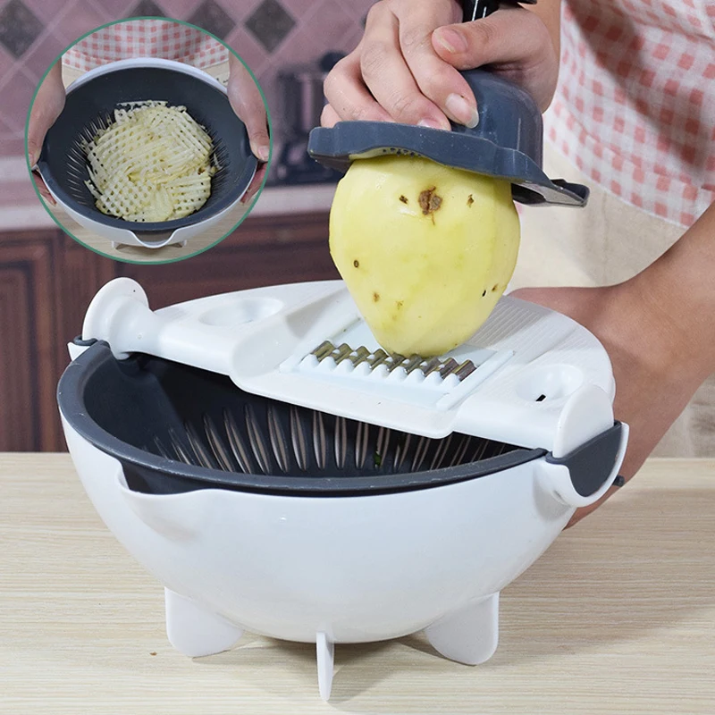 

7-in-1 Magic Multifunctional Rotate Vegetable Cutter With Drain Basket Kitchen Veggie Fruit Shredder Grater Slicer 2022 New