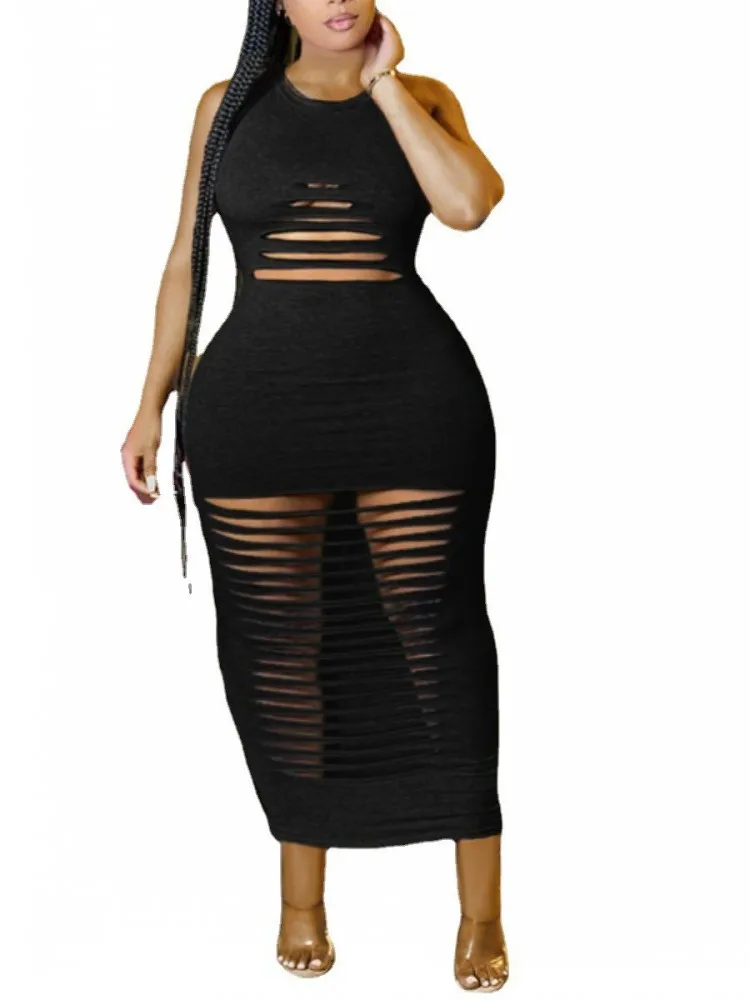 

Summer Long Tank Dress Women O Neck Sleeveless Ankle Length Robes Fashion New Solid Hollow Out Sexy Skinny Maxi Dresses Vestidos