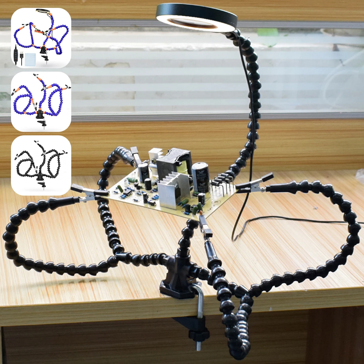 

Desk Clip PCB Soldering Holder 3X Magnifier with Light Welding Helping Hand Flexible Arm Soldering Third Hand Tool Repair Tool