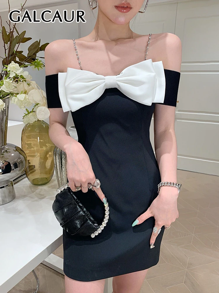 

GALCAUR Patchwork Bowknot Dress For Women Square Collar Sleeveless High Waist Colorblock Mini Dresses Female Summer Clothing New