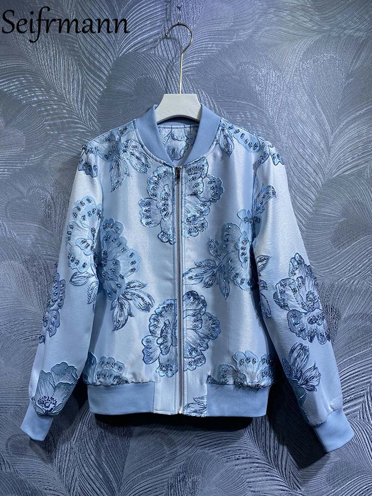 

Seifrmann High Quality Spring Women Fashion Designer Jacket Lantern Sleeve Blue Beading Floral Print Pullovers Coats Overcoat