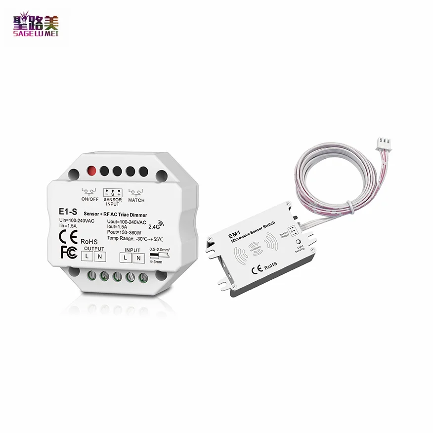 

AC110V-230V 1.5A Microwave Sensor Switch Controller + 2.4G RF AC Triac Dimmer E1-S+EM1 To Dim and Switch Single Color LED Lamps