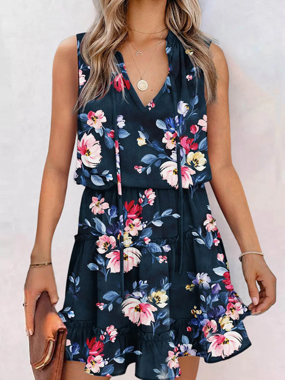 

Floral Ruffled Tie V-Neck Mini Dress Summer Beach Style Lady Casual Sleeveless Elegant One Piece Dress Korean Fashion Clothing