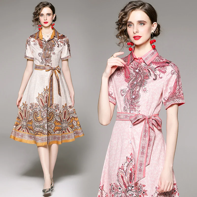 

New Summer Women Polo Collar Short Sleeve Fashion Versatile Waist Slim Positioning Print with Belt Beach Vacation Lace Up Dress