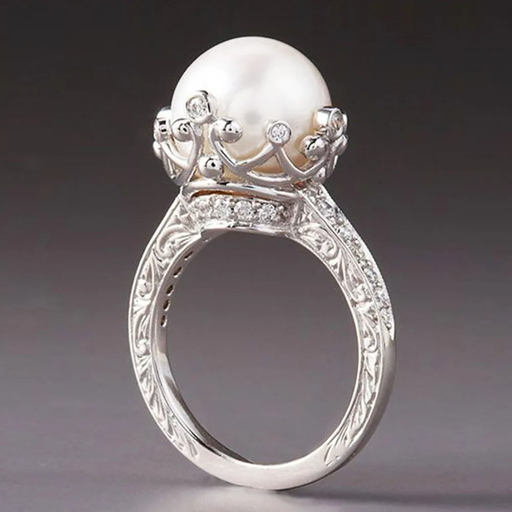 

Huitan Unique Design Big Round Imitation Pearl Setting Rings for Women Engagement Wedding Party Fashion Female Ring Hot Jewelry