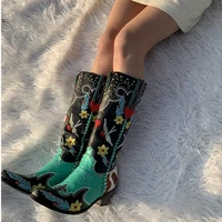 2022 new western cowgirl boots women shoes winter thick heels pointed toe embroidered mid calf boots fashion cowboy boots