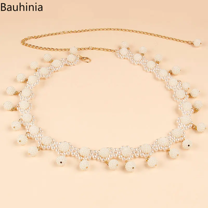 Bauhinia Metal Pearl Belt for Women Fashion Shell Metal Lady Waist Belts Thin Slim Dress Long Chain Waistbands