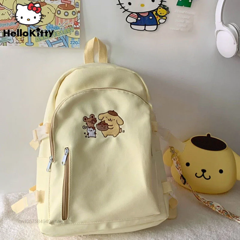 Sanrio Backpack Cute Large Capacity Schoolbag Cartoon Pom Pom Purin Yellow Bags Women Double Shoulder Bag Y2k Student Backpacks