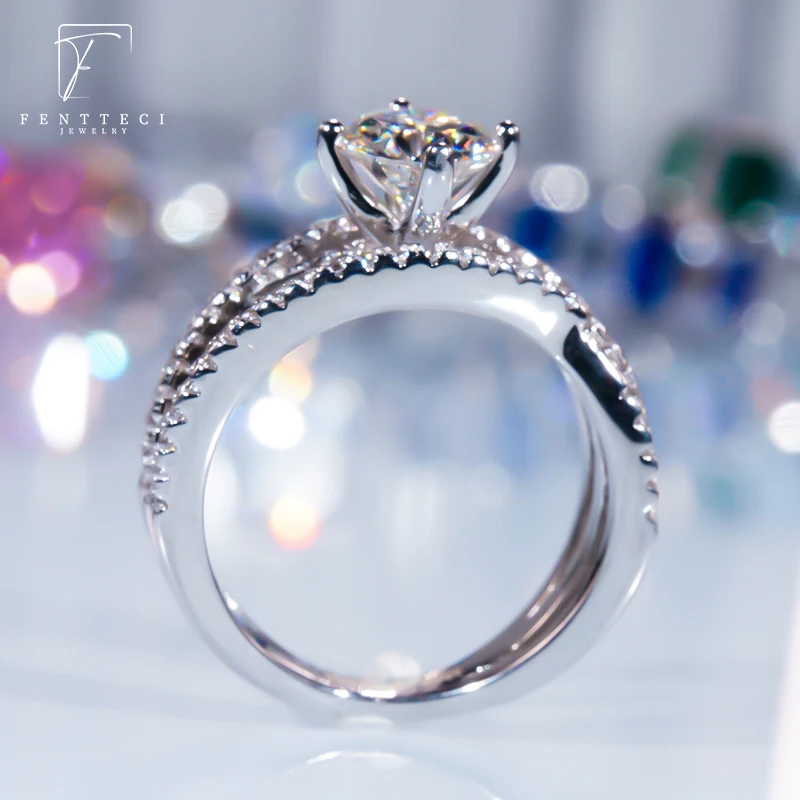 FENTTECI 1 Carat D Color Moissanite Ring for Women S925 Sterling Silver with Platinum Plated Luxury Jewelry Engagement Wedding