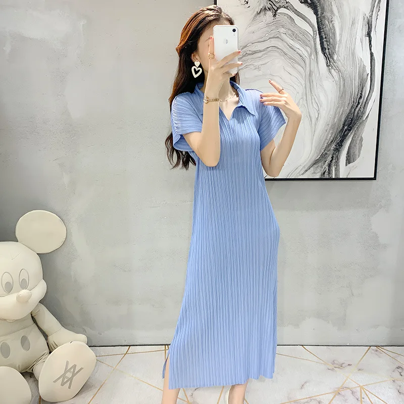 

Dress Feminine Miyake Pleated POLO Collar Short Sleeve Thin Solid Color Casual Straight Skirt