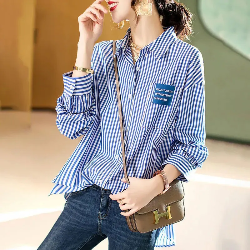 

Striped Shirt Women'S 2023 Spring New Product Cotton Large Size Multi-Color Optional Stickers Loose Ins Wind Pocket Shirt Women