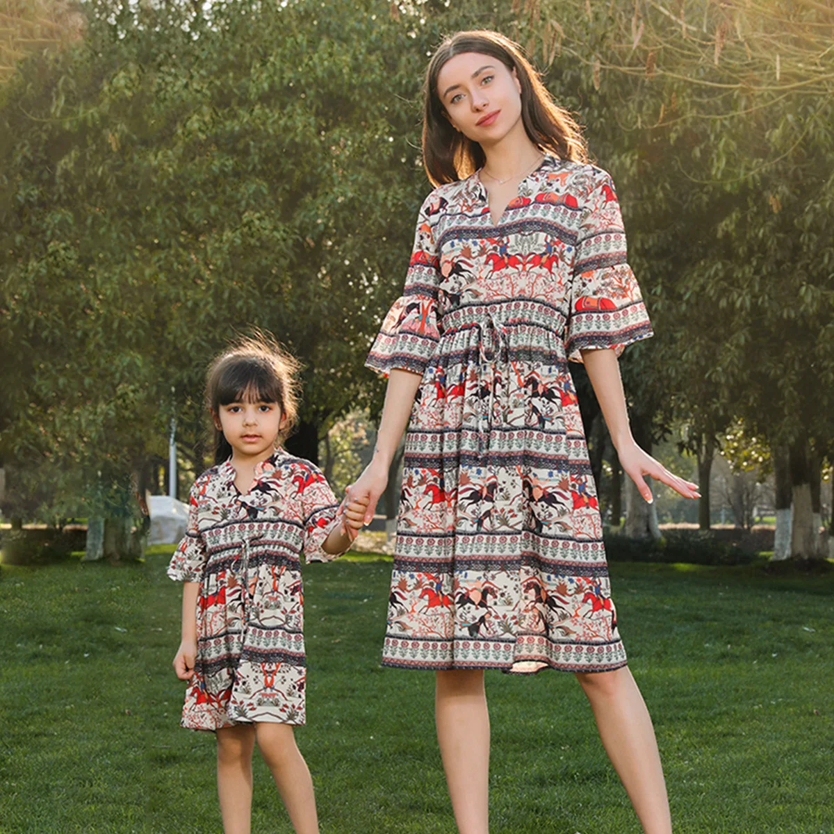 

hibobi Summer And Spring Midi Dress Family Matching Floral Dresses Short Sleeve Mother Kids Family Look