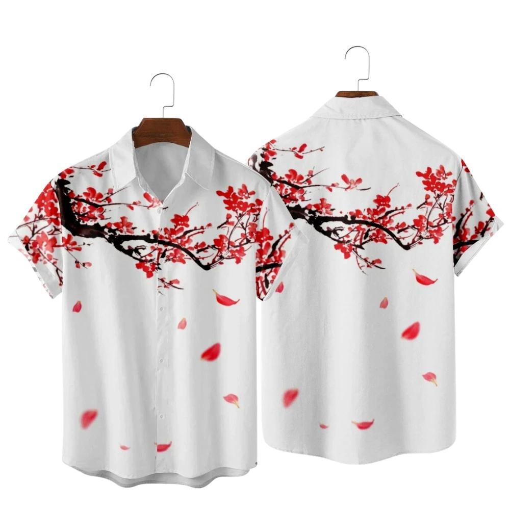 2022 plum blossom and fallen leaves print shirt apparel, fashion casual beach retro Chinese style, men's autumn and summer shirt