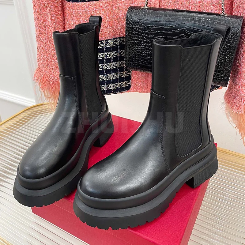 

Женские ботинки Осень-зима из натуральной кожи на высокой платформе с круглым носком короткие ботинки на высоком каблуке лаконичная универсальная женская обувь