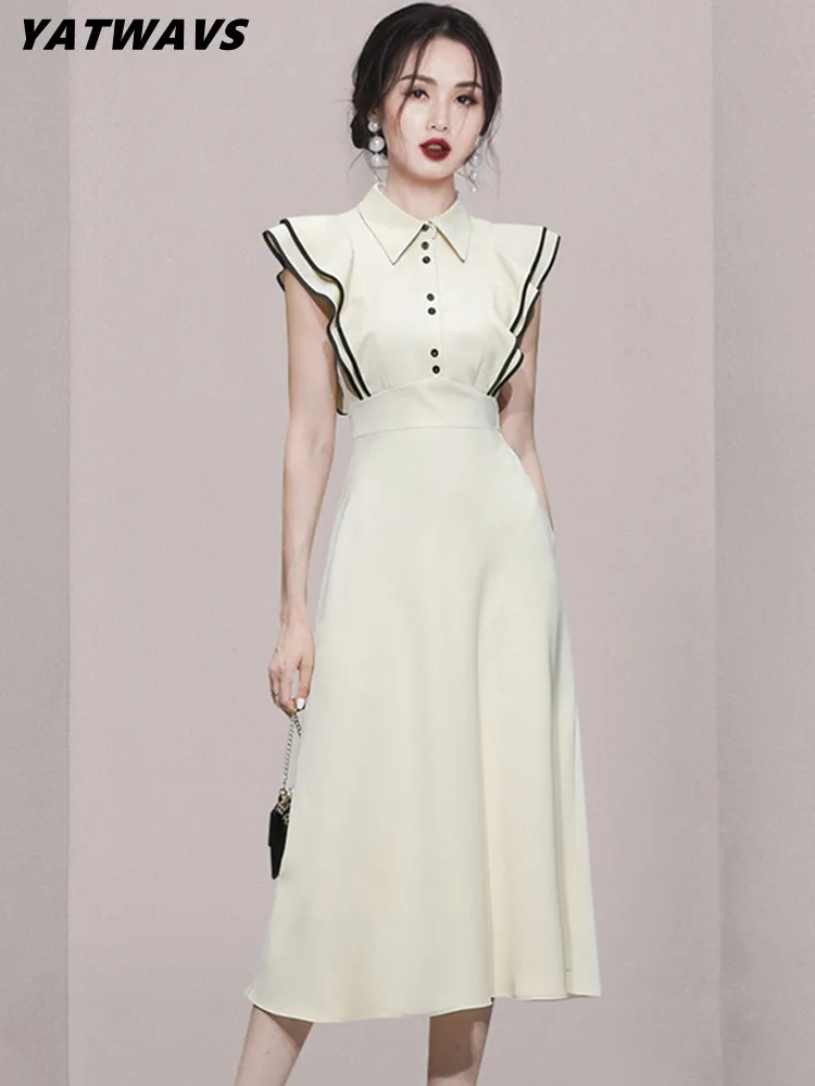 

Женское модельное платье-рубашка с рукавом-бабочкой, элегантное лоскутное платье-трапеция средней длины с отложным воротником и высокой та...