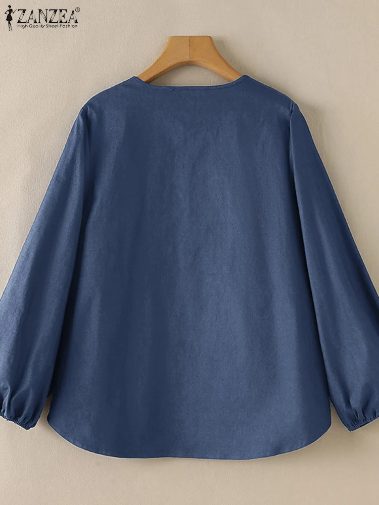 Модная женская джинсовая синяя блузка с длинным рукавом ZANZEA осенняя рубашка