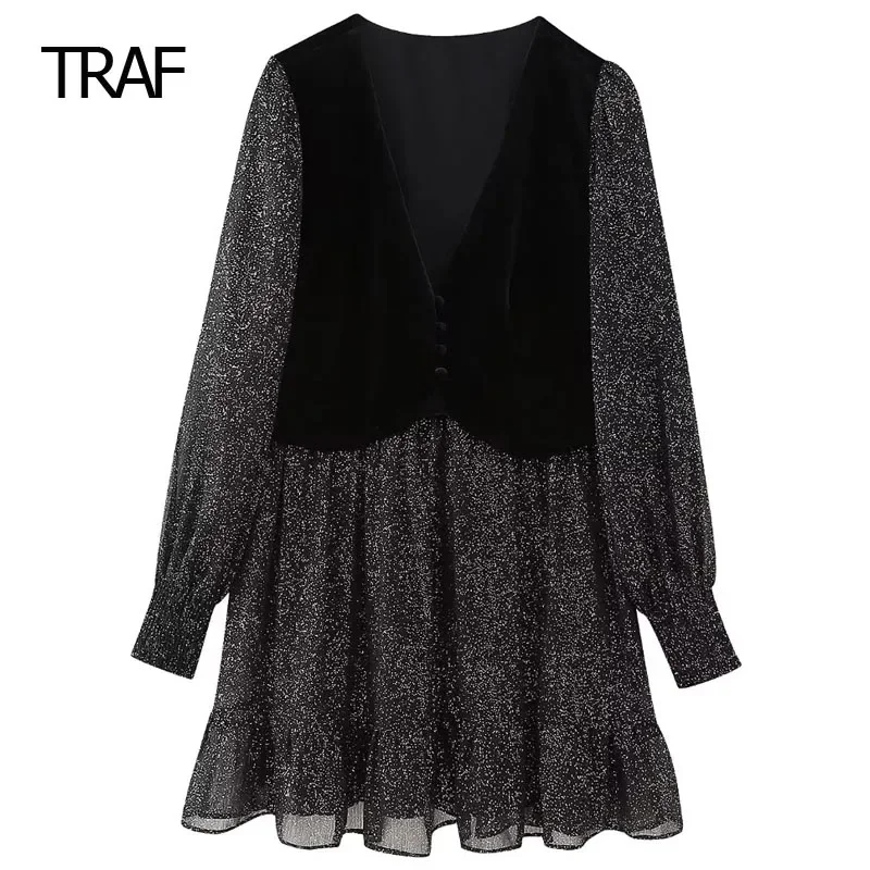 

TRAF Women's Dress Autumn Winter Patchwork Print Dresses Shimmery Mini V-Neck Long Sleeve Dress Party Dress Women Elegant Luxury