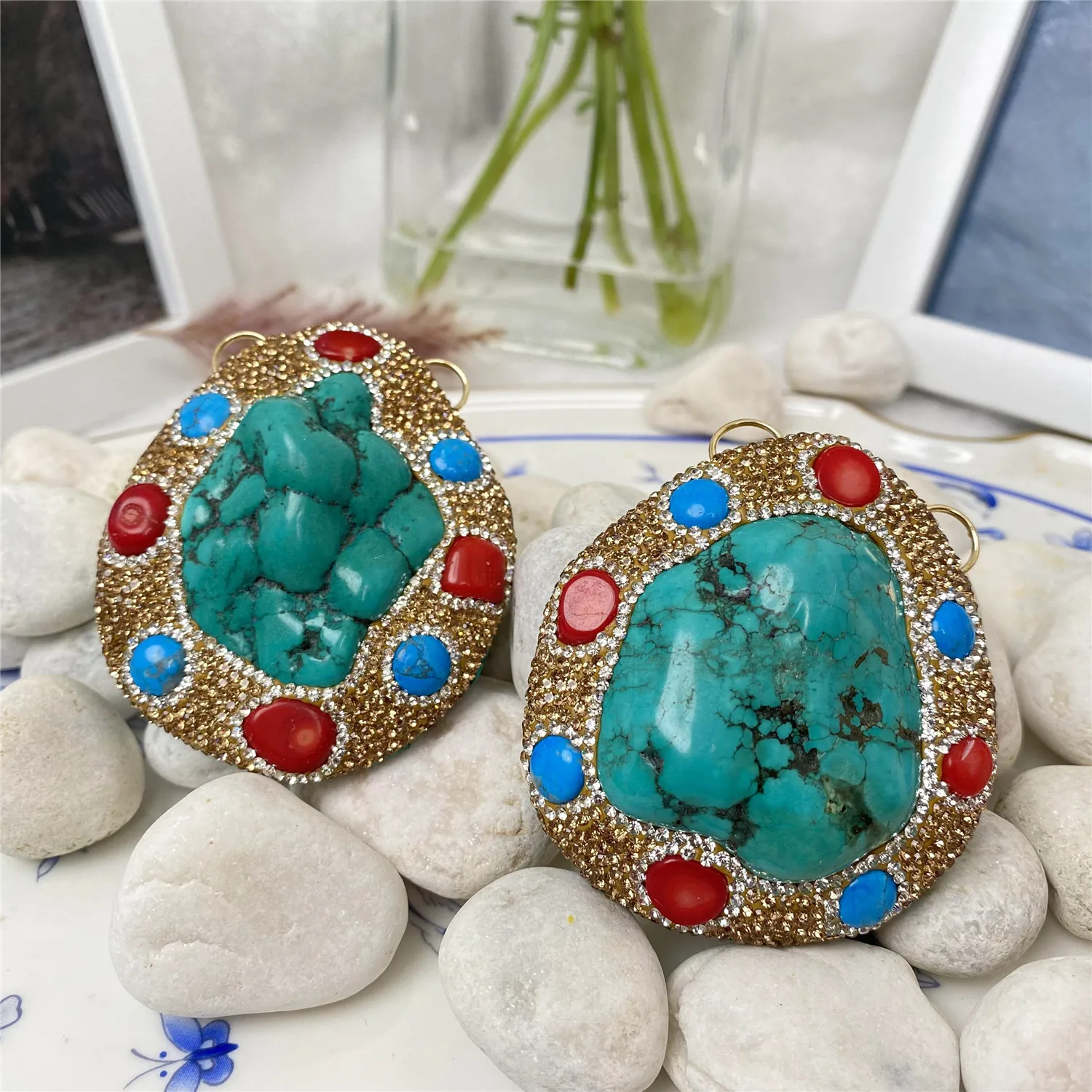 5pcs/batch package diamond turquoise pendant making necklace accessories wholesale