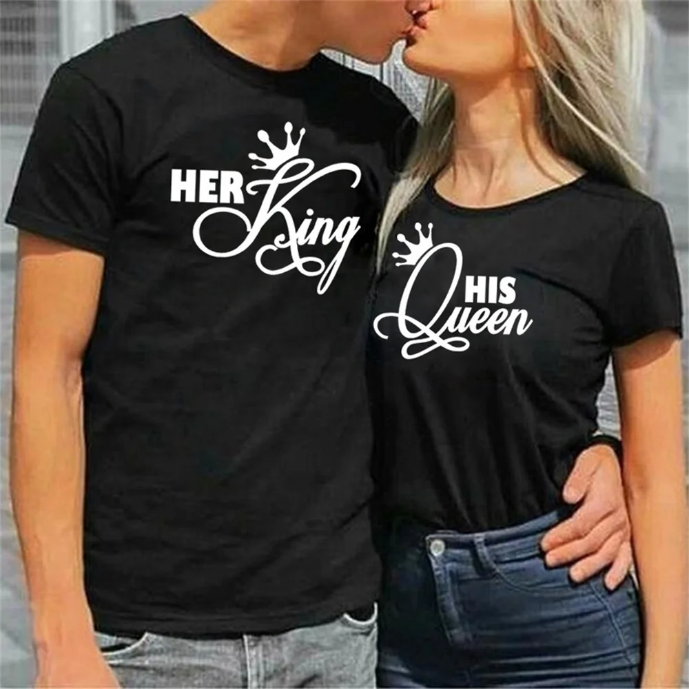 

Her King His Queen Letter Print Couple T Shirt Lovers Short Sleeve O Neck Loose Tshirt Women Man Fashion Tee Shirt Tops Clothes