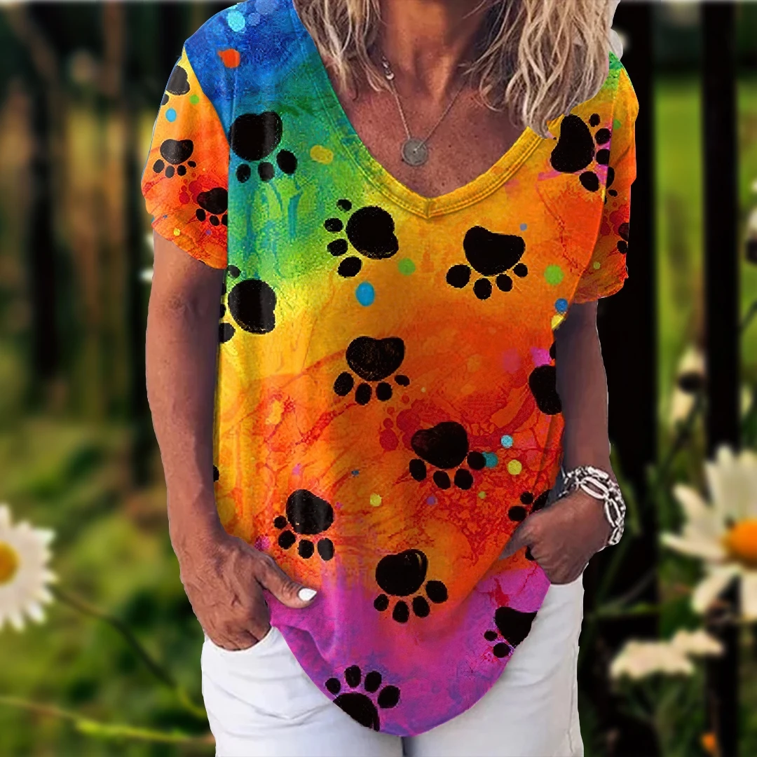 

Casual Street T-shirt Summer Breathable Women's Fashion V-neck T-shirt Short Sleeve Women's Dog Paw Print Clothing Loose T-shirt
