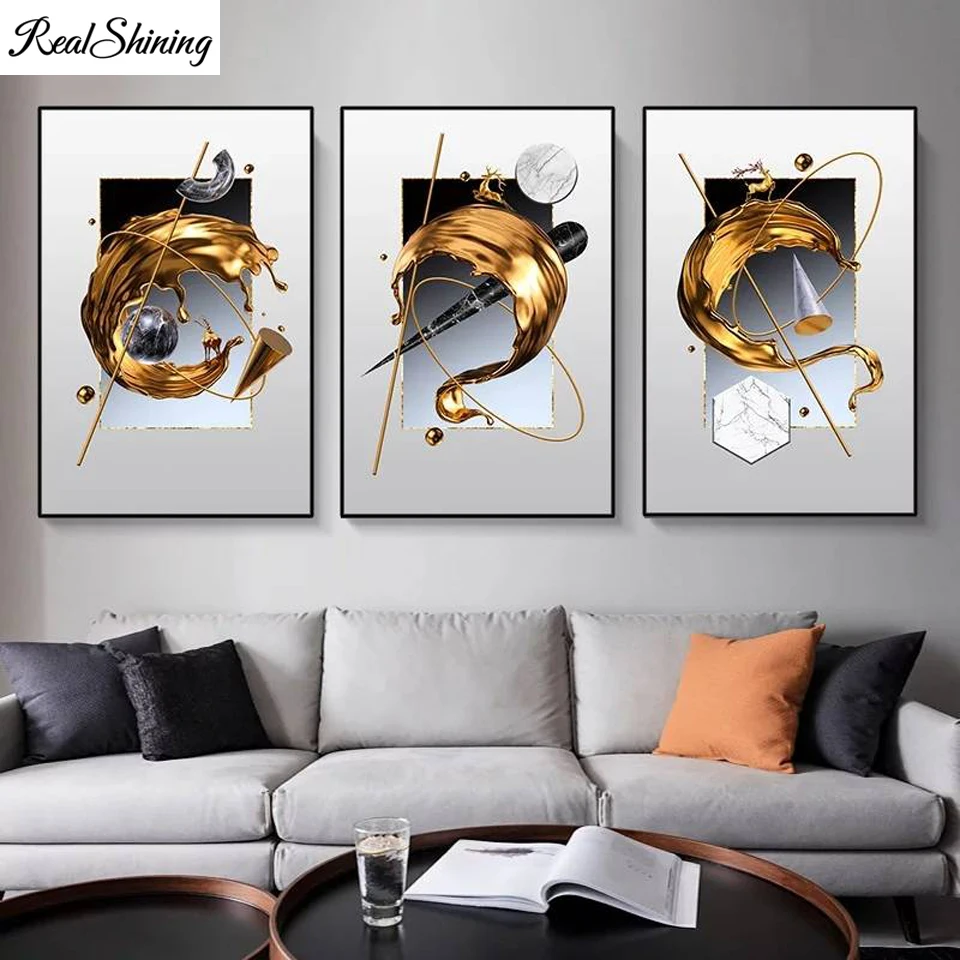 

Abstract Golden Geometric Triptych diamond paintings full square round drill rhinestone,diamond embroidery 3 Pcs set T1677
